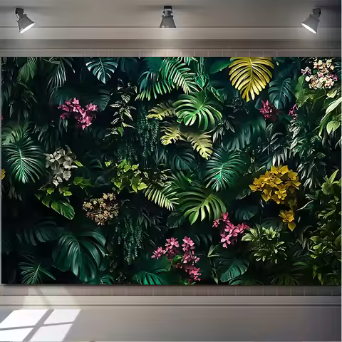 1 vivid tropical plant wall background - lush green leaves and colorful flower banners