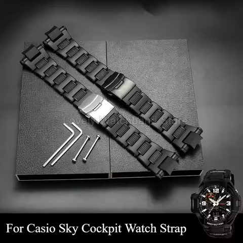 ​​Black Watch Strap for Casio Sky Cockpit Stainless Folding Buckle Corrosion Resistant Material for 