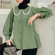 ZANZEA เสื้อผู้หญิงมุสลิม,เสื้อเบลาส์คอกลมเสื้อปะติดแขนพองลูกไม้