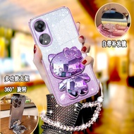 For OPPO A60 A79 A78 A58 A38 A18 Reno11 F Pro Reno 11 11F 11Pro Phone Case with Glitter Plating Cat Mirror Stand Holder + Hand Chain  Softcase for Girls Cover Smartphone Casing