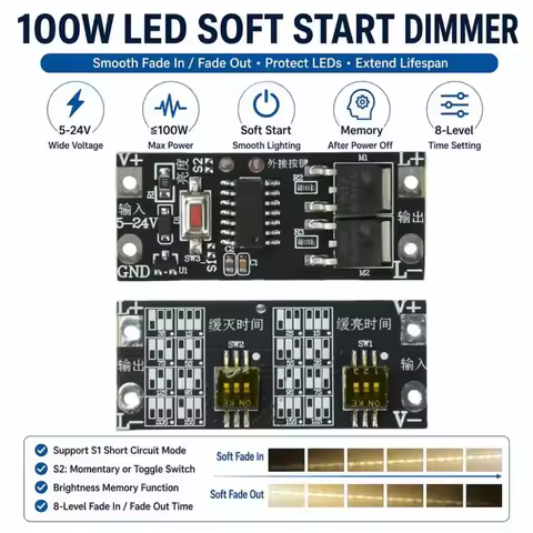 100W LED Dimmer Module Low-voltage Strip Light Driver Module 8-Step Precision Control Fade-in Fade-o