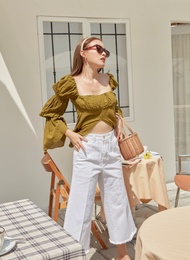 Sis story กางเกงยีนส์ เอวสูง ขาบาน ห้าส่วน Sis501 Bella Culotte Jeans - Light blue/Blue/White