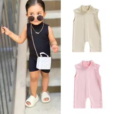 2026 Summer Girls Ribbed Jumpsuit Pants Solid Sleeveless Romper Clothes Kids Toddler For 0-6T Short 
