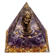Mini Jesus Figurine in Healing Crystal Orgone Pyramid - Amethyst with Tiny Christ Statue, Paperweigh