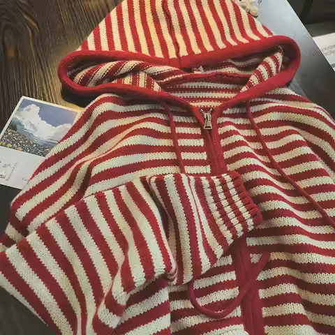 Contrast Color Stripe Hood Knit Cardigan Women Autumn and Winter New Loose Design Sense Long Sleeve 