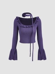 Cider Knit Scoop Neckline Ruffle Trim Crop Long Sleeve Top With Rosette Choker | Knitwear Sale