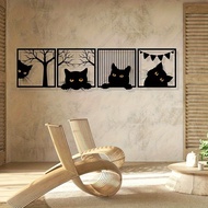 [Customizable] 4 Pieces Retro Geometric Black Cat Metal Wall Art-Humorous Outline Decoration, Suitab