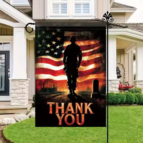 1pc Patriotic Garden Flag - Double-Sided American Flag Design with Soldier Silhouette & "Thank You" 