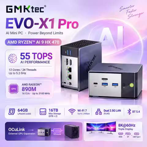 GMKtec EVO-X1 Pro Mini PC AMD Ryzen AI 9 HX470 Radeon 890M LPDDR5X 64GB Dual 2.5G LAN USB4 OCulink W
