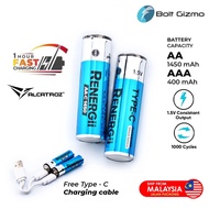 Alcatroz Renergii Li-Ion AAA AA Rechargeable Battery Type C Battery Charging Reusable Large Capacity