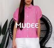 MUDEE เสื้อเชิ้ตลินินลายริ้วแขนสั้น สีแดงขาว