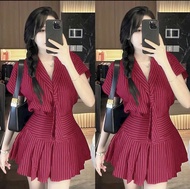 Set váy thời trang nữ mặc đi chơi chất kaki sọc cà vạt áo tay ngắn cor sơ mi mix chân váy xòe thiết 