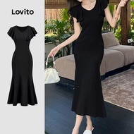 Lovito Elegant Dress Ruffle Spring/summer Black Dress for Women L165ED726 Lovito Gaun Elegan Bergaya