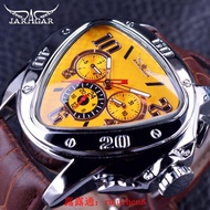 中陽 Jaragar 運動時尚設計幾何三角錶殼棕色皮革錶帶 3 錶盤男士自動手錶