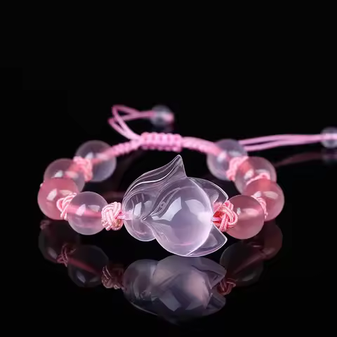 Chinese Natural Pink Agate Chalcedony Jade Fox Elastic Bracelet Jewellery Hand-Carved Accessories DI