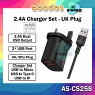 Abodos AS-CS258 Charger Set 2.4A Charging Charger Adapter Set Mobile Wall Charger UK Plug Abodos CS2