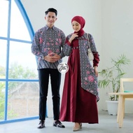 H➸QM BAJU BATIK COUPLE SARIMBIT GAMIS MOTIF BUNGA KOMBINASI POLOS