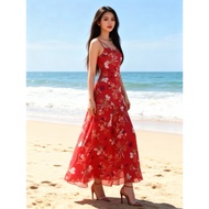 ( Free size)Red Floral Maxi Dress