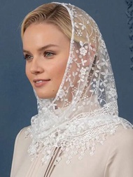 白色女士花邊流蘇花卉三角絲巾婚禮頭巾、禮拜用圍巾、披肩