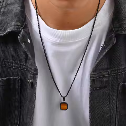 Vnox Stainless Steel Square Pendant Necklace for Men Women, Tiger Eye Turquoise Natural Stone Pendan