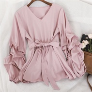 Women Blouse Plus Size blouse women shirt OL Style Lantern Sleeve Top blause wanita Tie Waist baju wanita lengan panjang baju blouse wanita Chiffon blouse