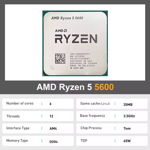 AMD R5 5600 Ryzen 5 5600 R5 5600 New 3.5 GHz 6-Core 12-Thread CPU 7NM L3=32M 100-000000927 Socket AM