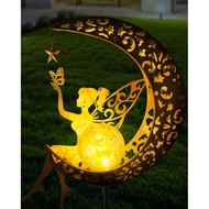 Solar Garden Statues Outdoor Decor, Fairy Moon Figurine Light Stake, Housewarming Ornament for Patio