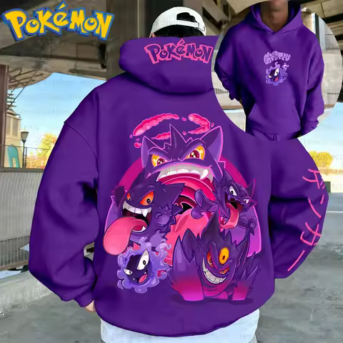 Pokemon Anime Gengar Cotton Hoodie Purple Character Print with Multiple Ghost Type Creatures Pattern