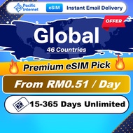 Pacific Internet Global Travel eSIM 46 Destinations 15-365 Days 1.5GB-8GB + Unlimited Data | Email D