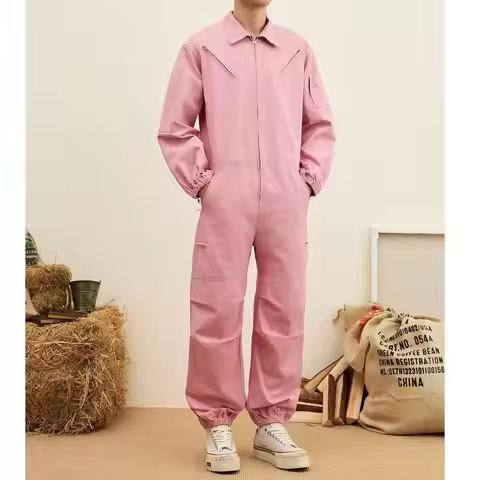 Men's 2-in-1 Detachable Cargo Jumpsuit Pink Zip Up Long Sleeve Work Overalls Loose Fit Streetwear fo