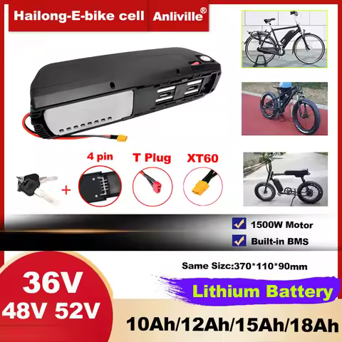 New 36V 48V 52V 10Ah-18Ah Hailong Lithium Battery, 18650 Cell with BMS, 4-Pin, for 250W-1500W E-Scoo
