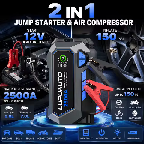 150PSI Jump Starter with Air Compressor 2500A Portable Car Battery Booster (7.5 Gas/5.0L Diesel) wit