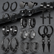 Punk Style Stainless Steel Black Hoop Earrings with Zircon Dangle Jewelry for Men and Women Ear Clip