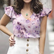 Esolo ZANZEA เสื้อยืด การพิมพ์ดอกไม้สวมหัวแบบแขนสั้นสตรีเสื้อสตรีคอวีเสื้อเสื้อแฟชั่นขนาดพิเศษ #15
