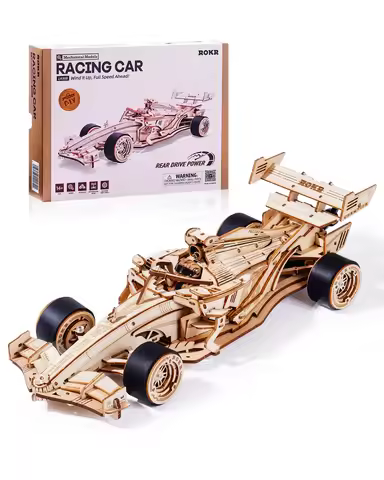 Robotime Rokr 3D Wooden Racing Car Puzzle DIY Model Kit for Adults & Teens, Mechanical Roaring Engin