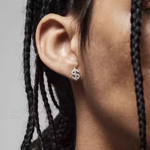 New Gothic Copper Zircon Dollar Symbol Stud Earring for Men Women Hip Hop Gold Color Plated Earrings