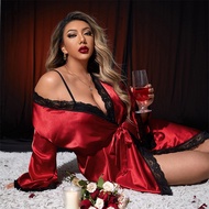 Piyama saiz besar Eropah dan Amerika, wanita seksi wanita, jubah mandi merah besar, baju tidur rumah