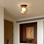 Modern Minimalist Spherical Ceiling Light, Retro Walnut Ceiling Light, Nordic Glass Ceiling Light, S