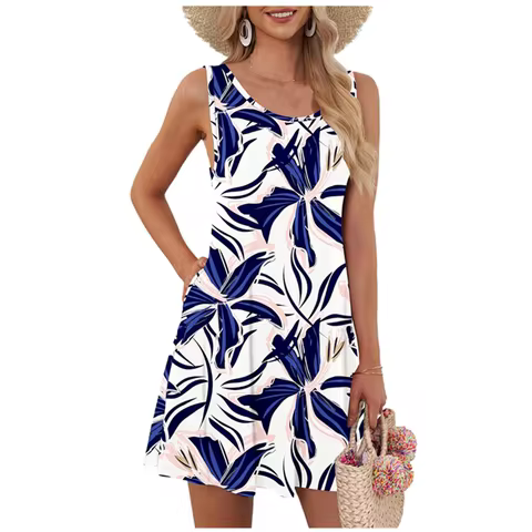 Women Summer Dresses Casual Loose O-Neck Sleeveless Short Dress With Pockets Holiday Vacation Print 