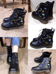 Black shoes boots 黑色 刺繡圖案 短靴 軍靴 鞋