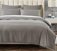 Duvet Cover Twin/Twin XL Set, Gray Microfiber with Contrasted White Piping, 1 68"X86" Cover + 1 20"X