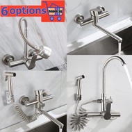Wall Mounted Kitchen Faucet Hot Cold Mixer Flexible Swivel Sink Tap Bidet Spray Water Tap 304 Stainless Steel