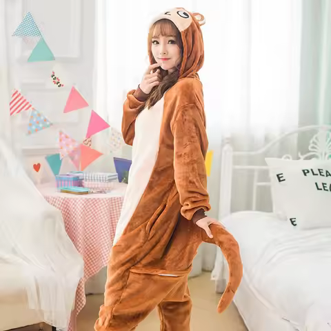 Animal Pajama Unisex Adult Brown Monkey Cartoon Pyjama Hooded Onesie Pijama Sleepwear