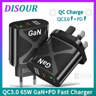 DISOUR Original 65W GaN Fast Charger US/EU/UK Plug Type-C PD+QC3.0 USB 5V/6.6A 9V/3A 12V/2.75A 20V/1.67A Quick Charging For Infinix iPhone Xiaomi Redmi Huawei Oppo Vivi Charge Cable For IOS Android