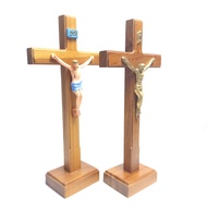 KAYU Teak Wood Sitting Cross 25cm Corpus Iron Brass/Corpus Fiber GLASS/Various Catholic Sitting Cros