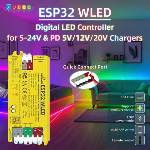 DOMRAEM ESP32 Digital WLED Dual Output Controller with PD5V/12V/20V & DC 5-24V Wide Voltage Input 16