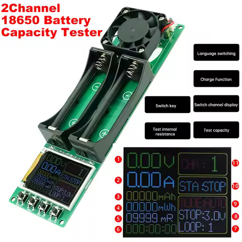 Dual Channel 18650 Battery Capacity Tester w/Cycle Charging & DC IR Test 1A Max Auto Cut-off for Li-