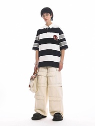 Unvesno (UN) 撞色三種條紋拼接毛巾繡花寬松短袖POLO衫 SWS-1697