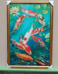 gambar lukisan 3 dimensi ikan KOI dan bingkai 40x60cm