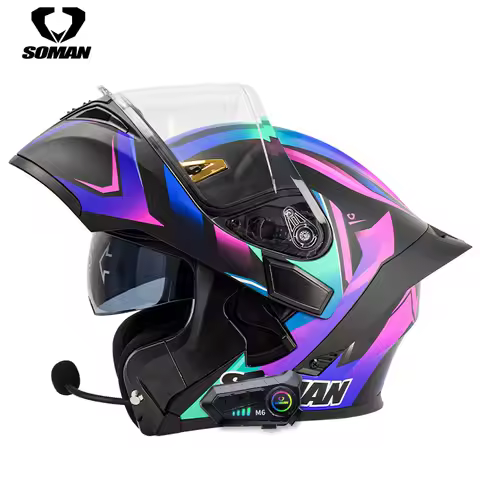 SOMAN Motorcycle Bluetooth Helmet Men Women Double Lens Peeling Helmet High Definition Bluetooth Hea